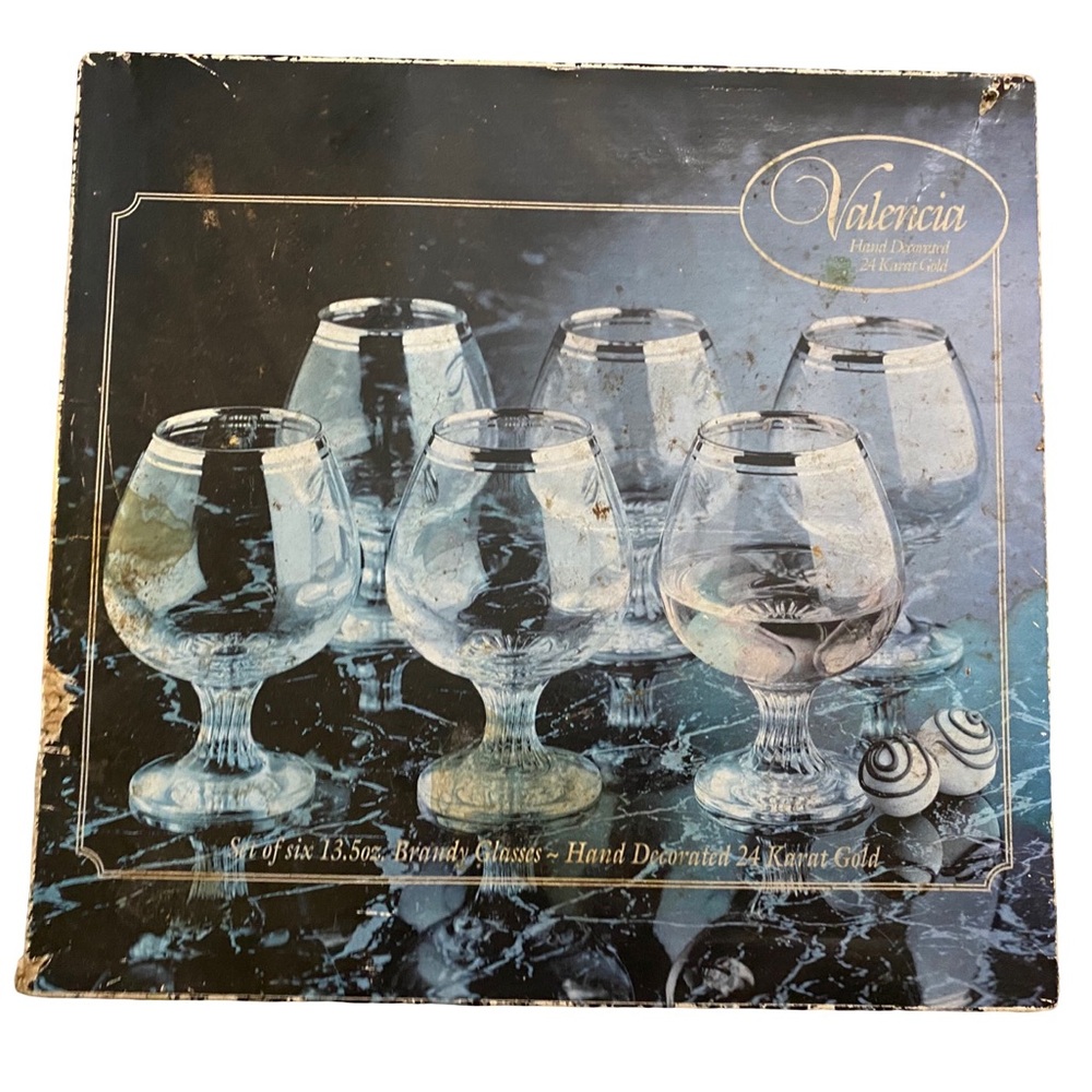 VTG Valencia Hand Decorated Brandy Glasses Set of 6,‎ 13.5 oz, 24K Gold Rim NEW